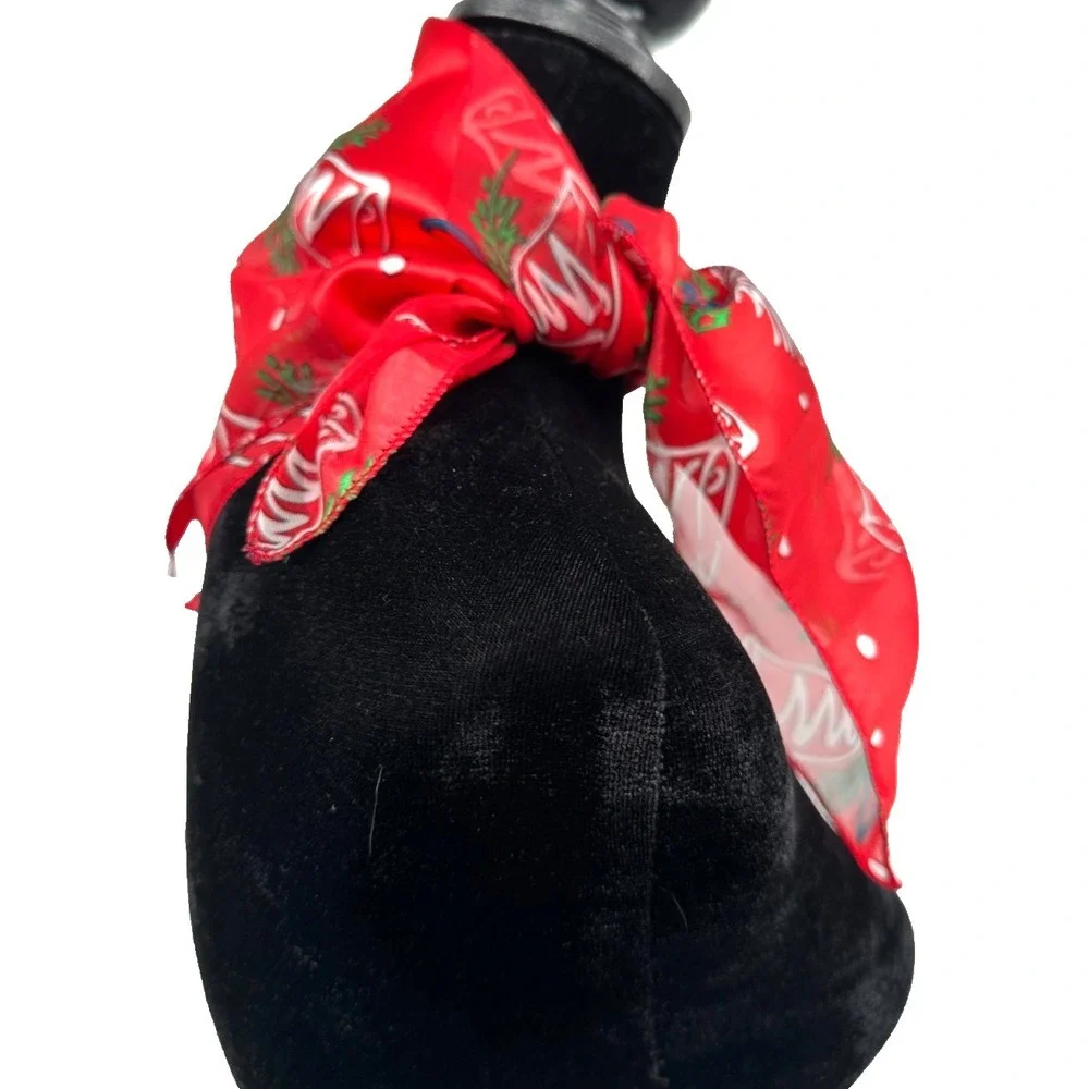 Classic Womens Red Tone‎ On Tone Stripe Holiday Silver Bells Square Scarf Korea
